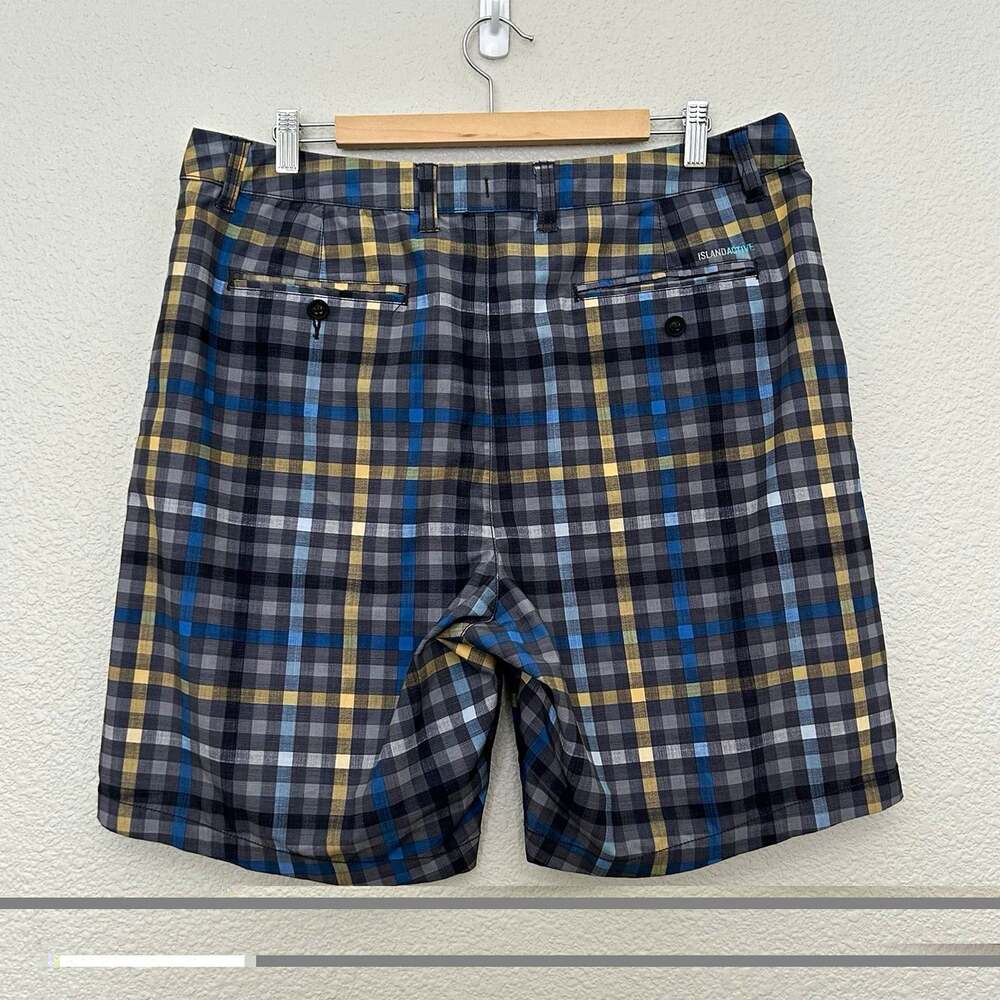 Tommy Bahama Men’s Plaid Shorts Gray Blue Yellow Drawstring Pockets Size 36